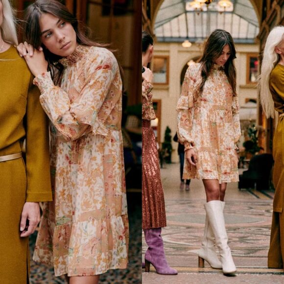 Sezane Dresses & Skirts - Sezane Estel Long Sleeve Printed Mini Dress Camel Patchwork